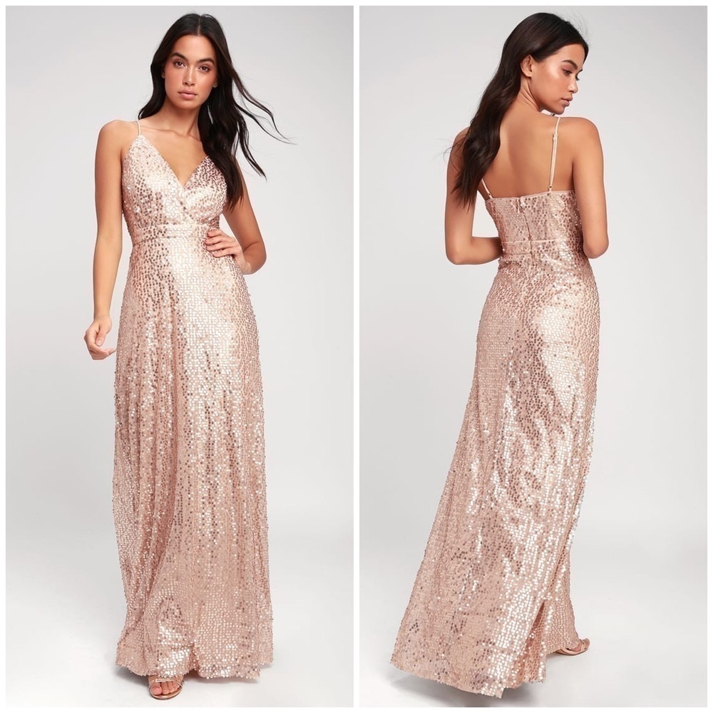 Lulu’s Spotlight Stunner Champagne Sequin Maxi Dress